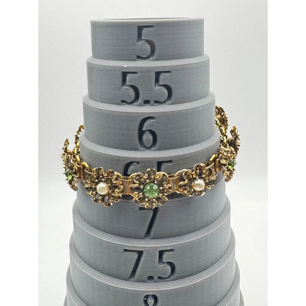 Vintage Flower Bracelet Gold Tone Filigree Green Rhinestone Faux Pearl 7